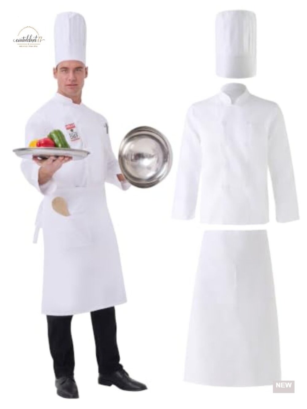 Men's 4PC Chef Costume Set: White Coat, Hat, Apron & Tag, Halloween Outfit